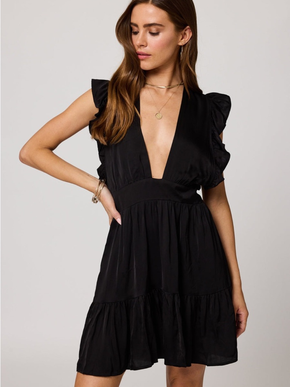 Stillwater The Jessie Mini Dress Black Silk Plunge Ruffle XS